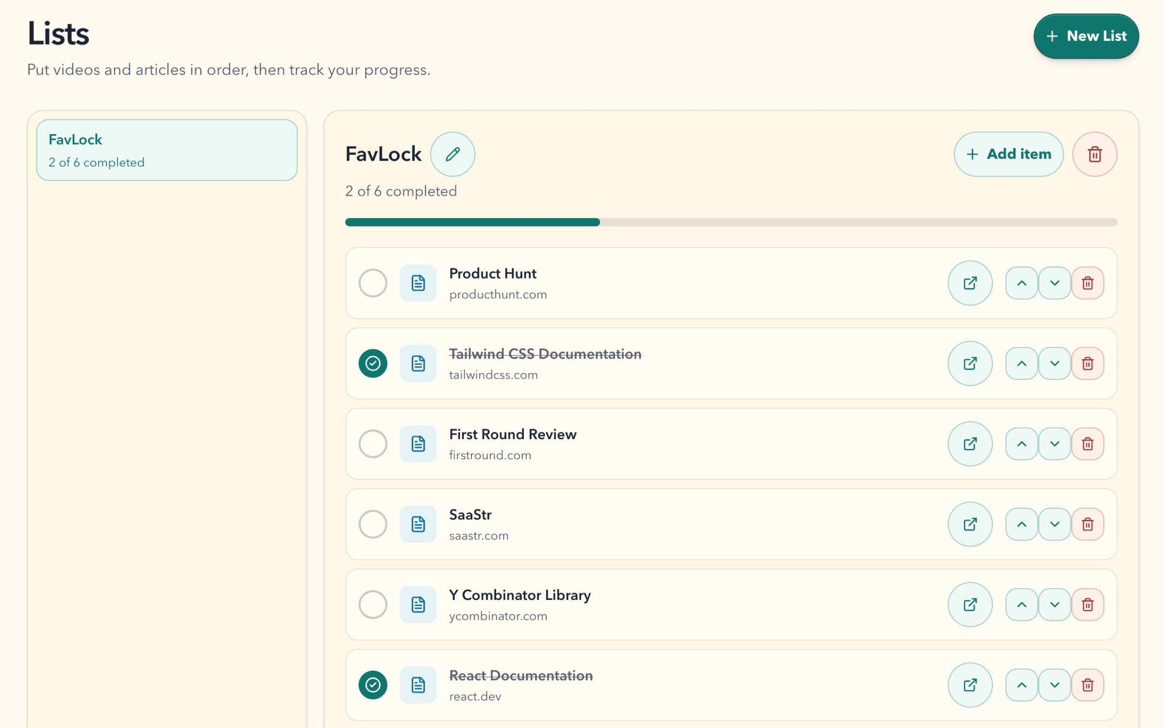 FavLock Lists showing six front-end learning resources, two completed items, and a progress bar