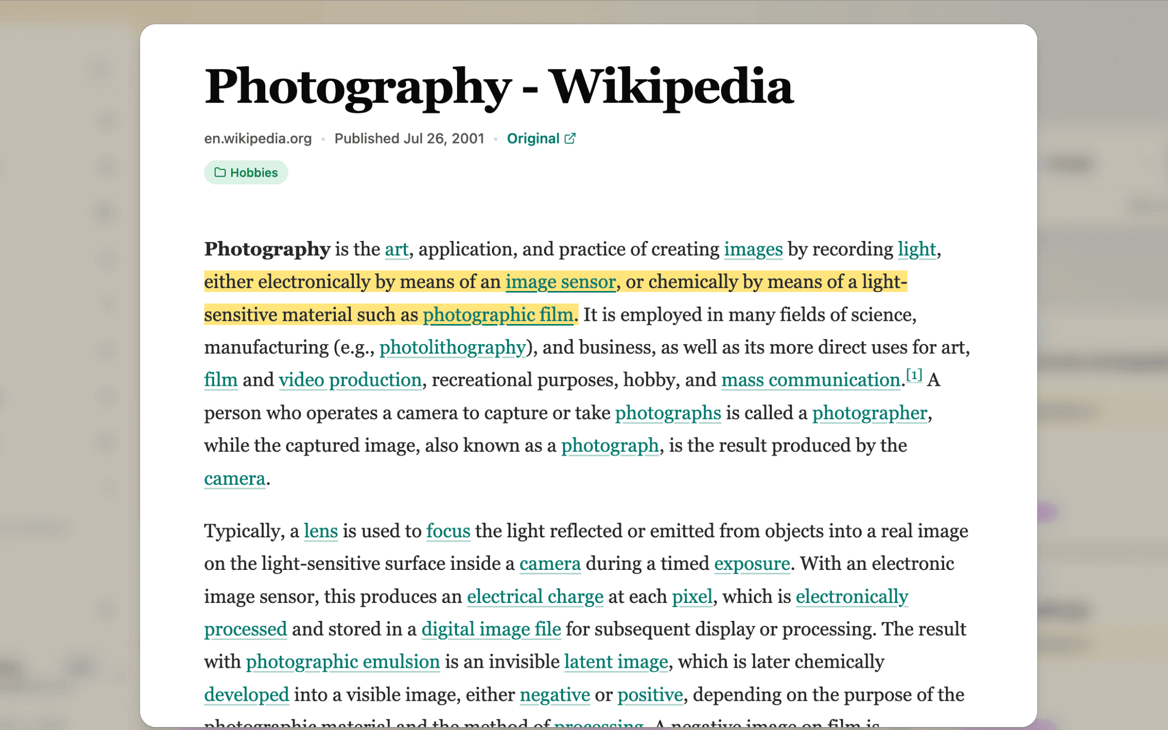 FavLock Readspace showing a saved Photography article with a highlighted passage
