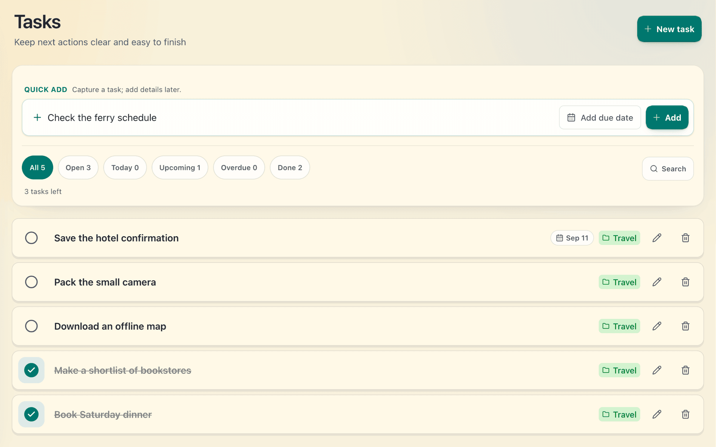 FavLock Tasks view with open and completed Lisbon travel tasks