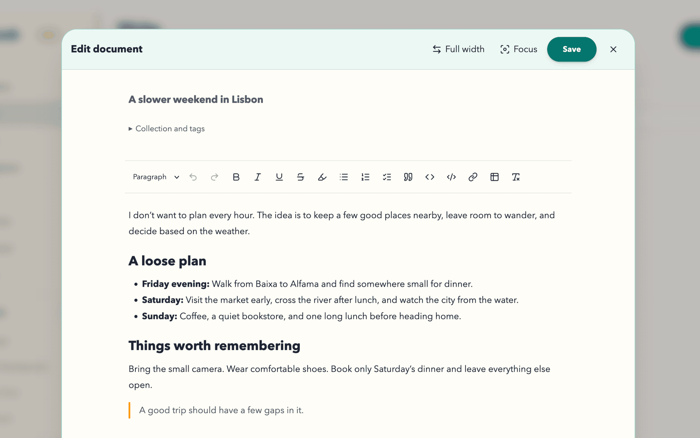 FavLock Write editor showing a formatted Lisbon travel note
